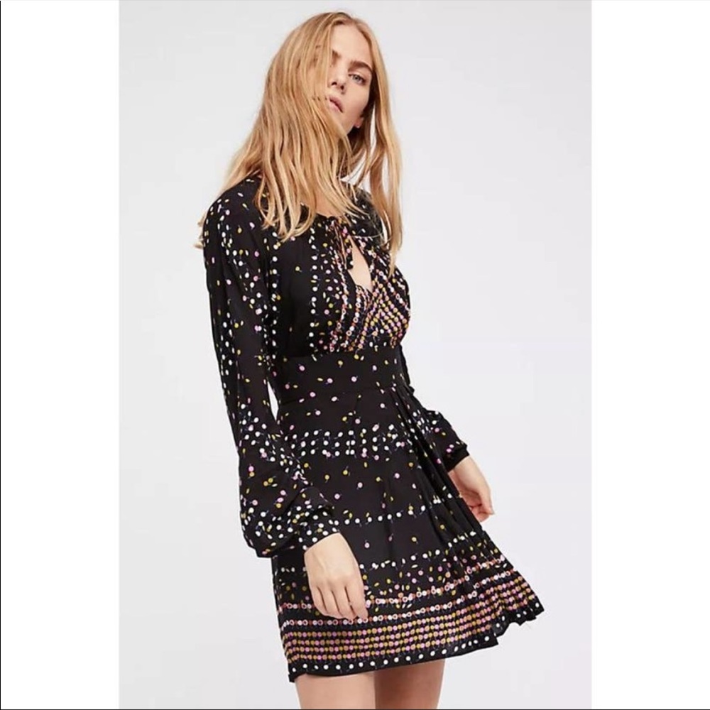 Free People Black Coryn Printed Long Sleeve Mini Dress